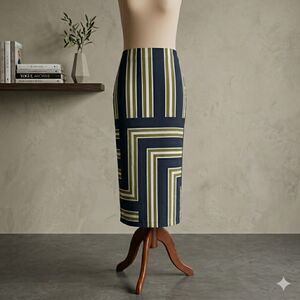 Topshop Geo-Abstract Midi Skirt | Navy Olive/Gold Cream | Linen Look | Size 4